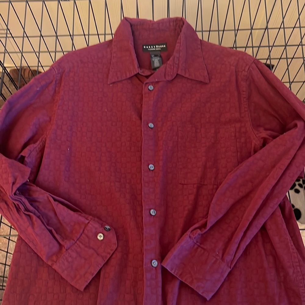 Crazy horse long sleeve dress shirt in burgundy square print in size large